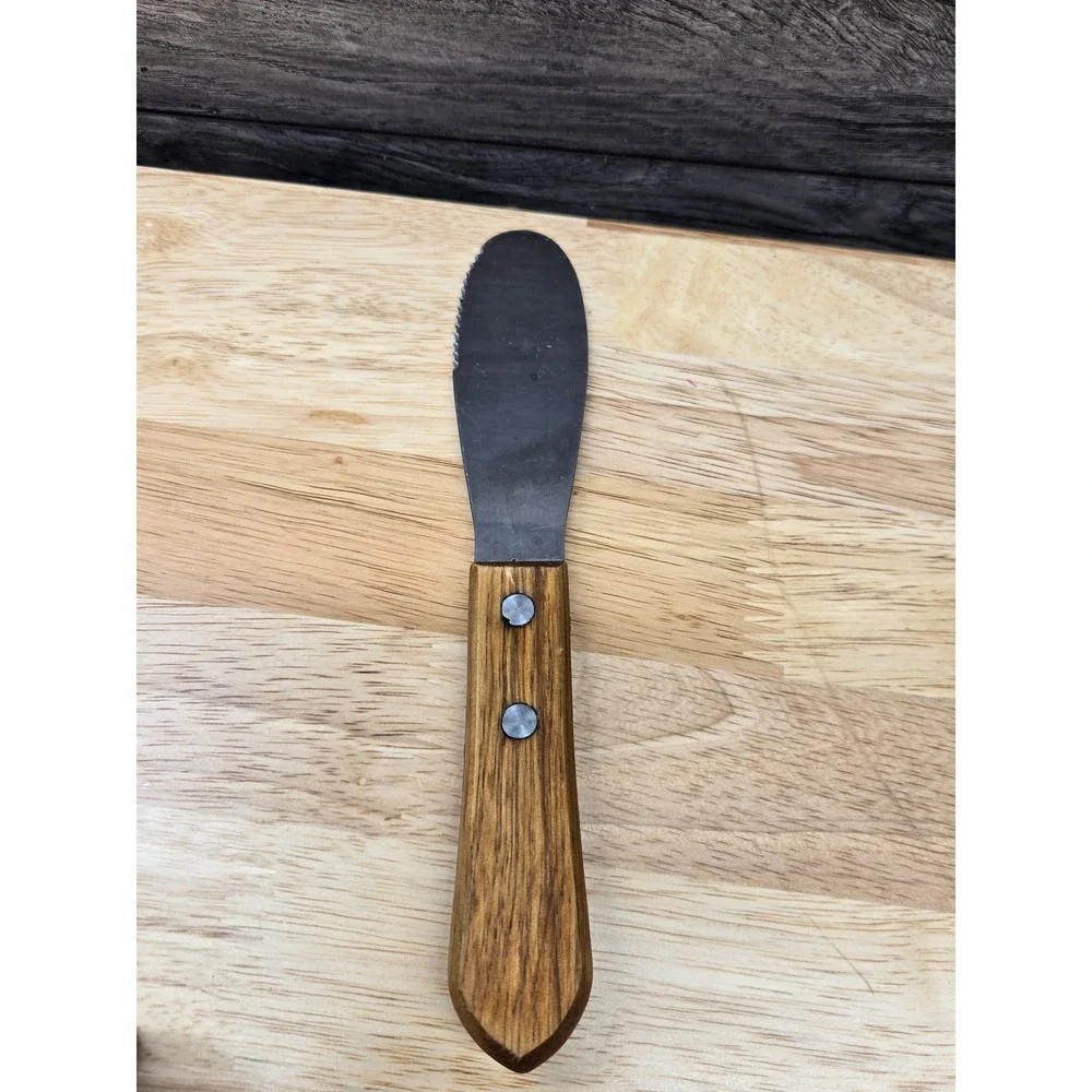 Vintage JH Stainless Steel Sandwich Spreader Serrated Knife Wood Handle 8.25